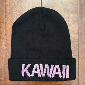 Jeffree Star Kawaii Black Knit Beanie with Pink Embroidery, NWOT